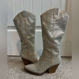 Forever 21 Shimmering Beaded Bedazzled Silver Heeled Cowgirl Boots